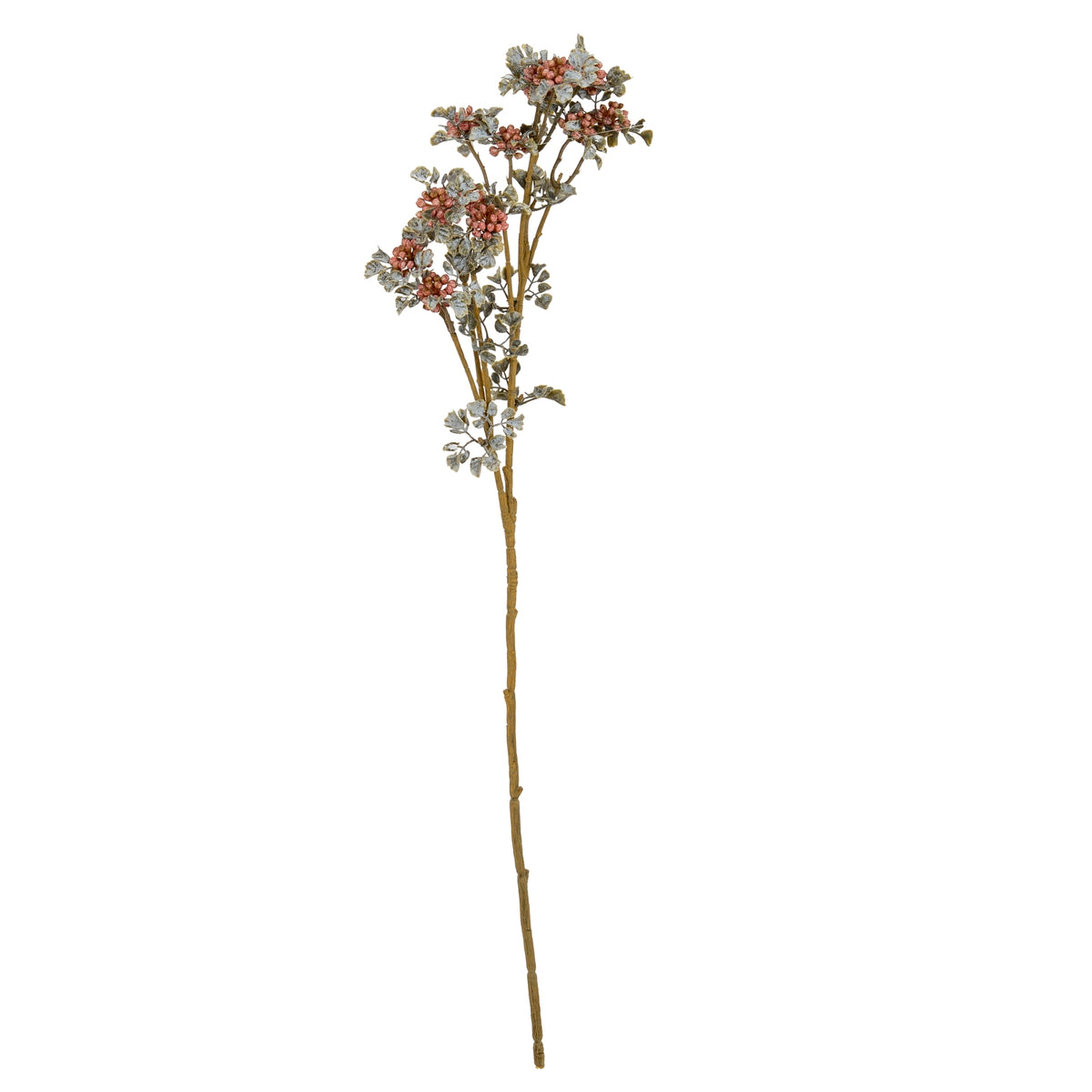 Full view of the artificial botanical spray, with a long tan-brown stem branching into muted pink berry clusters and pale mottled olive leaves against white.
