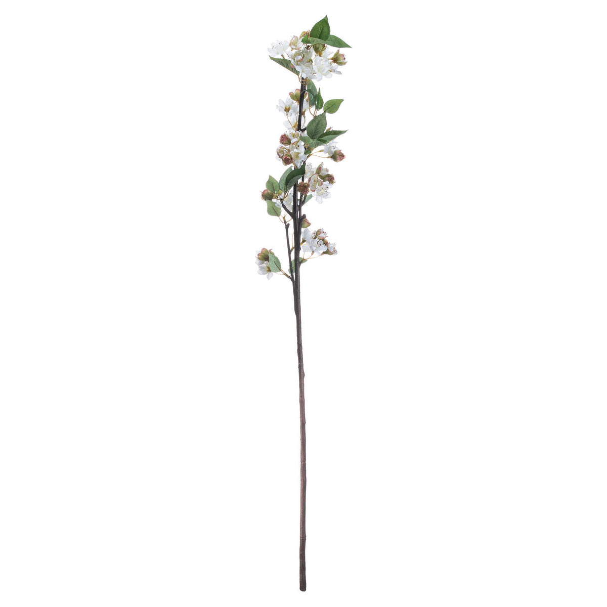 Full view of the Pinkbud artificial blossom branch, with white flowers and green leaves clustered above a long bare dark-brown stem.