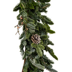 Close-up of layered green fir-like foliage with pale-tipped needles, a brown pinecone and pink-orange bud-like forms on branching brown stems.