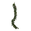 Full view of a long artificial garland with dense green fir-like sprays, scattered brown pinecones, small pink-orange accents and a loop at the top.