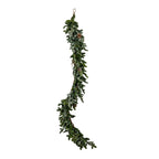 Full view of a long artificial garland with dense green fir-like sprays, scattered brown pinecones, small pink-orange accents and a loop at the top.