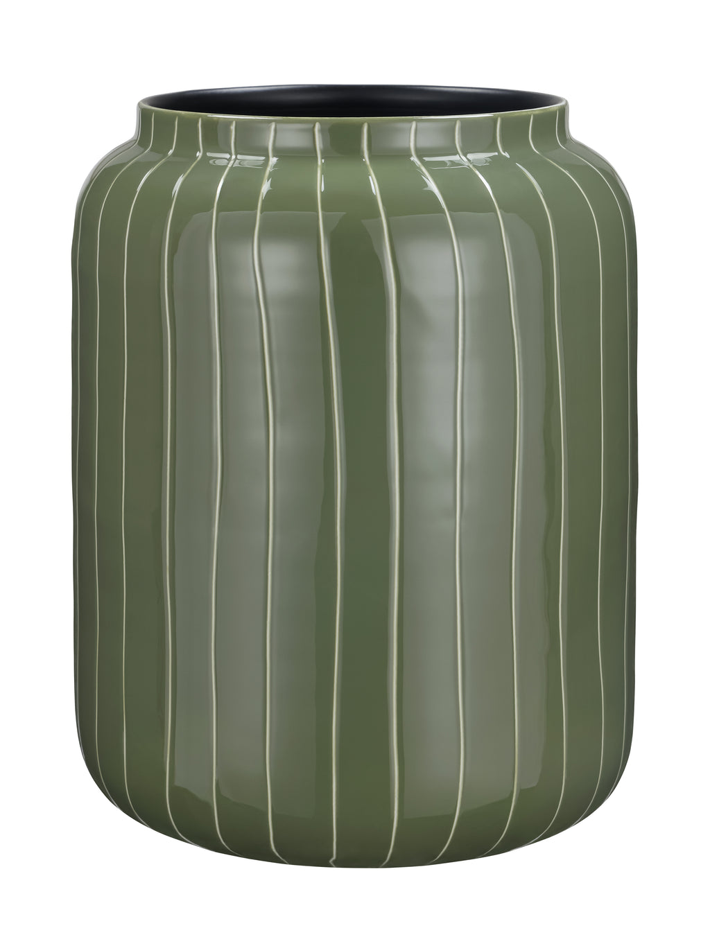 Front view of a glossy green barrel vase with fine pale vertical stripes and a dark open mouth.