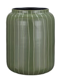 Front view of a glossy green barrel vase with fine pale vertical stripes and a dark open mouth.