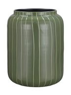 Front view of a glossy green barrel vase with fine pale vertical stripes and a dark open mouth.