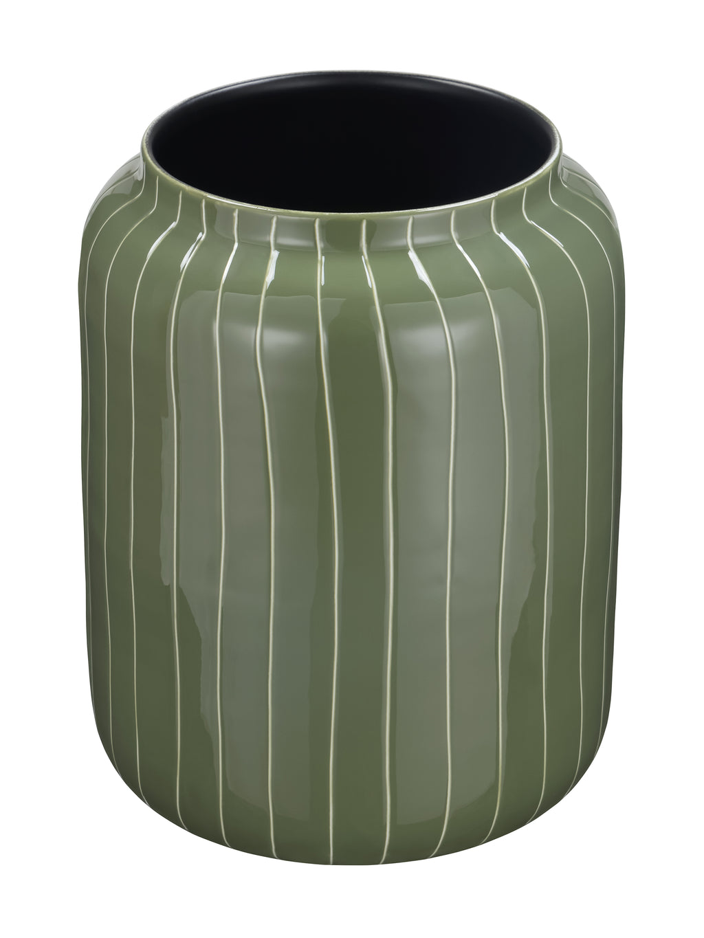 Green pinstripe vase viewed from a raised angle, showing the wide opening and rounded shoulders.