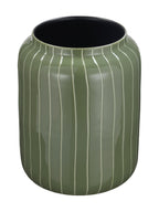 Green pinstripe vase viewed from a raised angle, showing the wide opening and rounded shoulders.