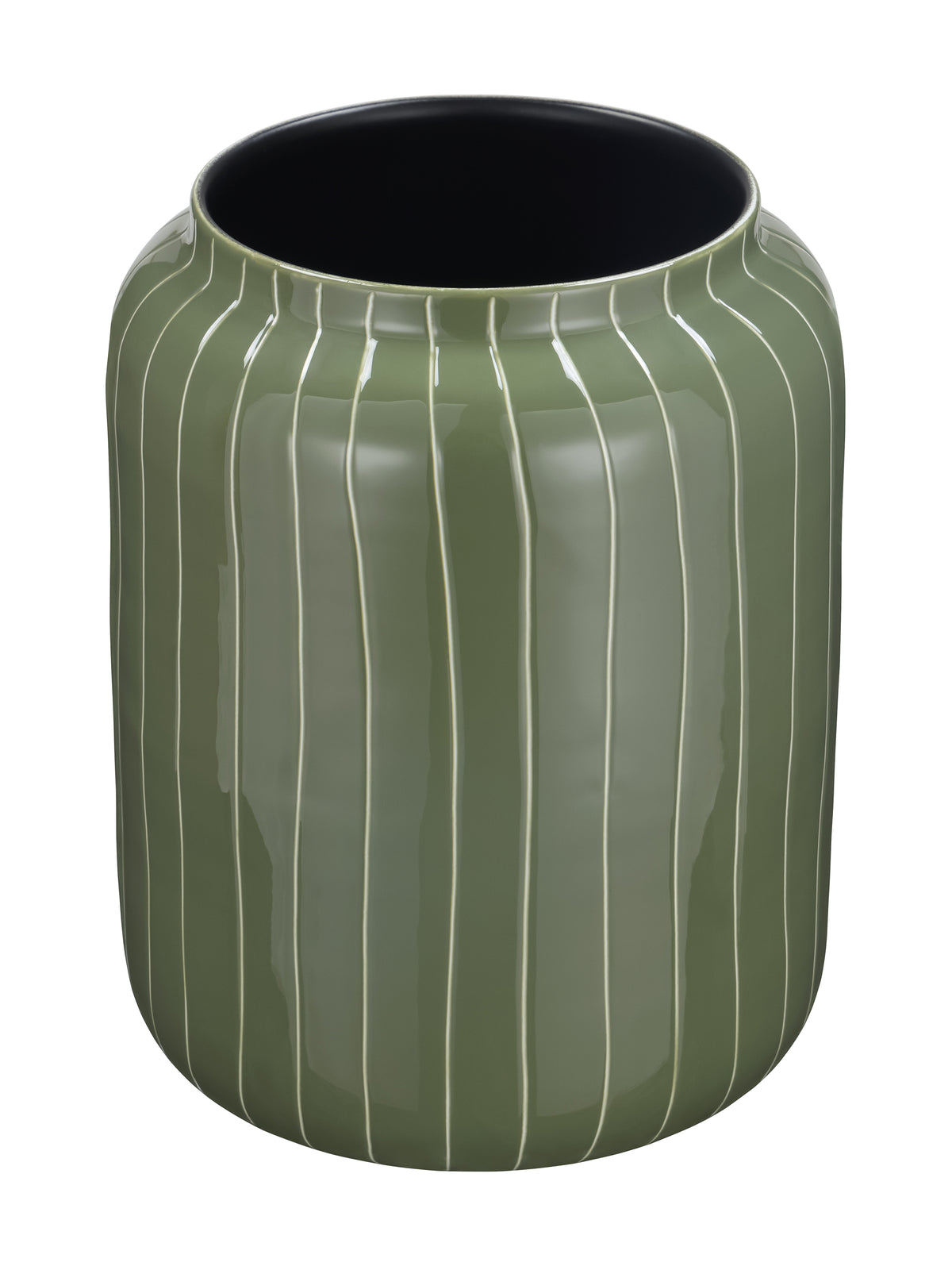 Green pinstripe vase viewed from a raised angle, showing the wide opening and rounded shoulders.