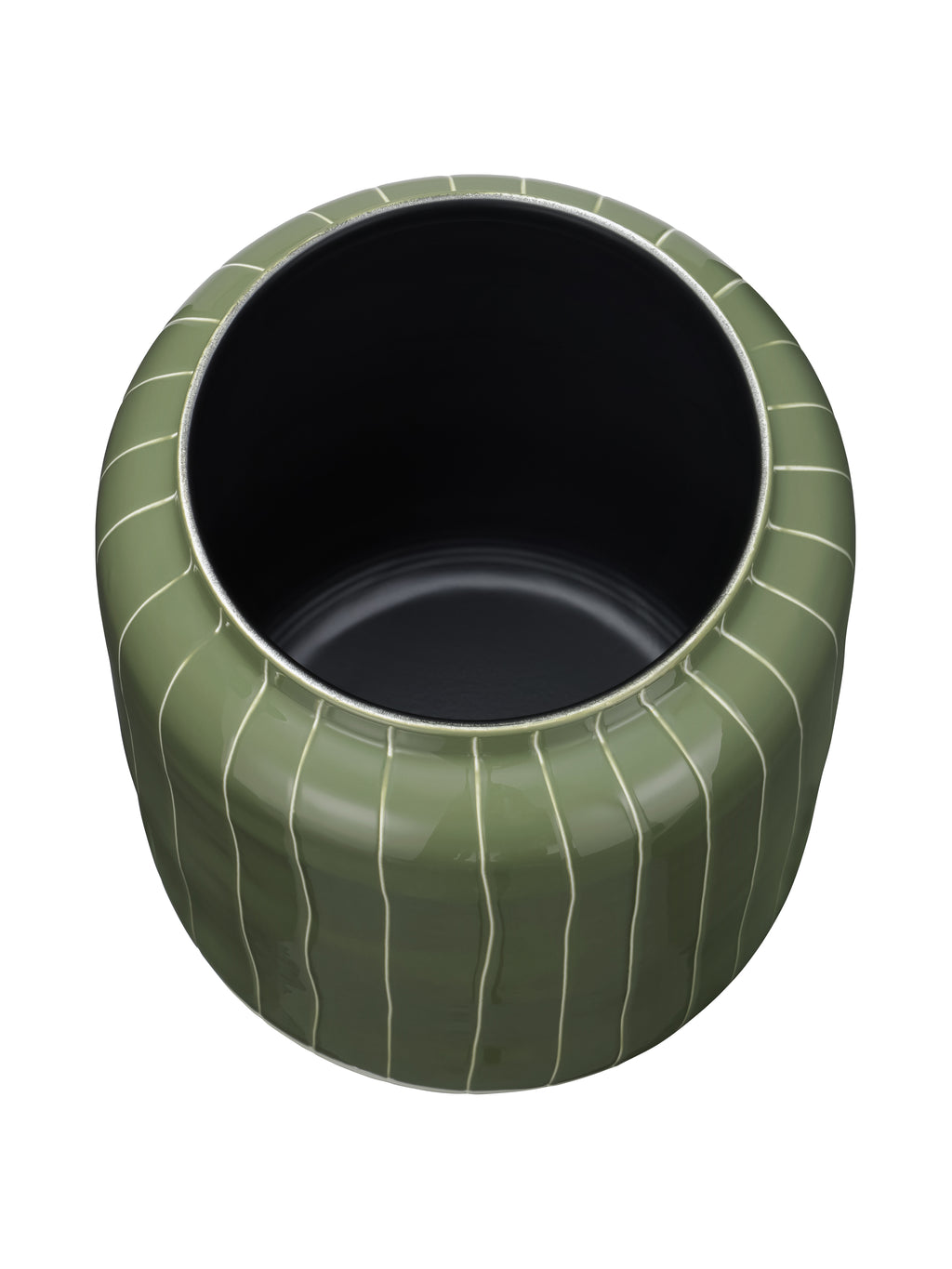 Top view into the vase's dark interior, surrounded by a green rim and striped rounded shoulders.
