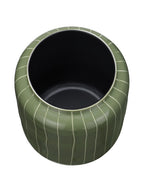 Top view into the vase's dark interior, surrounded by a green rim and striped rounded shoulders.