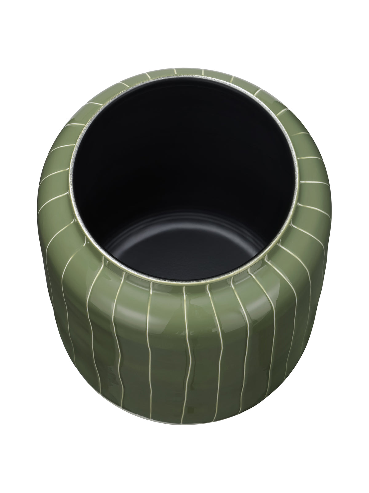 Top view into the vase's dark interior, surrounded by a green rim and striped rounded shoulders.