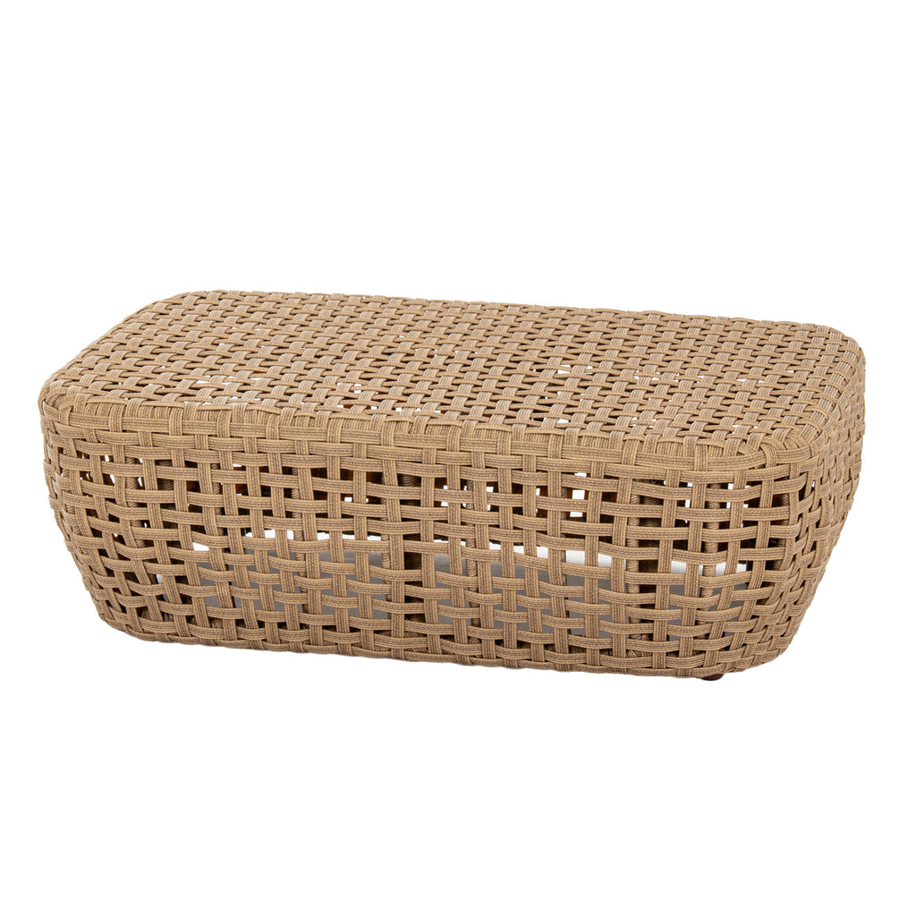 Brown rectangular footstool base shown without the cushion, revealing the basket-weave pattern across its top and rounded sides.
