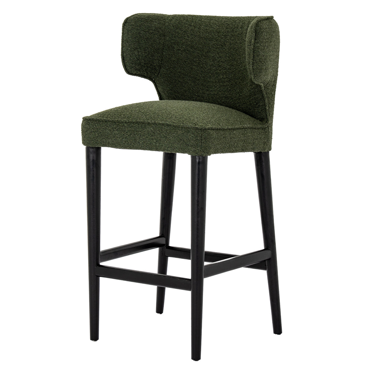 Three-quarter front view of a moss-green bar stool with a curved winged back, piped seat and tapered black legs with a footrest.