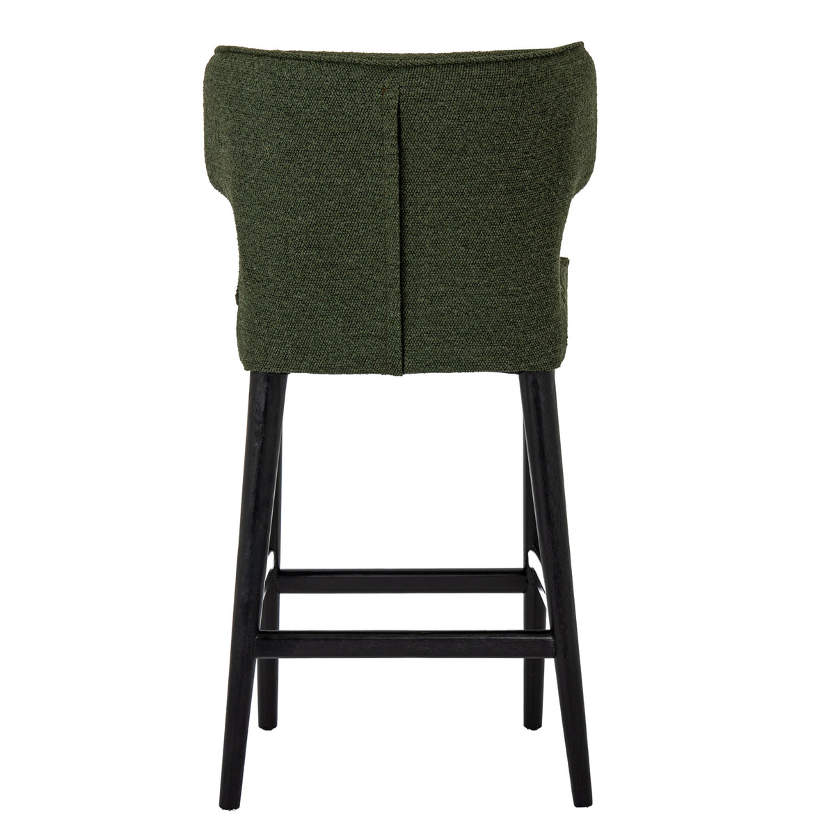 Rear view of the moss-green bar stool showing the broad curved back, central upholstery seam and black legs with connecting stretchers.