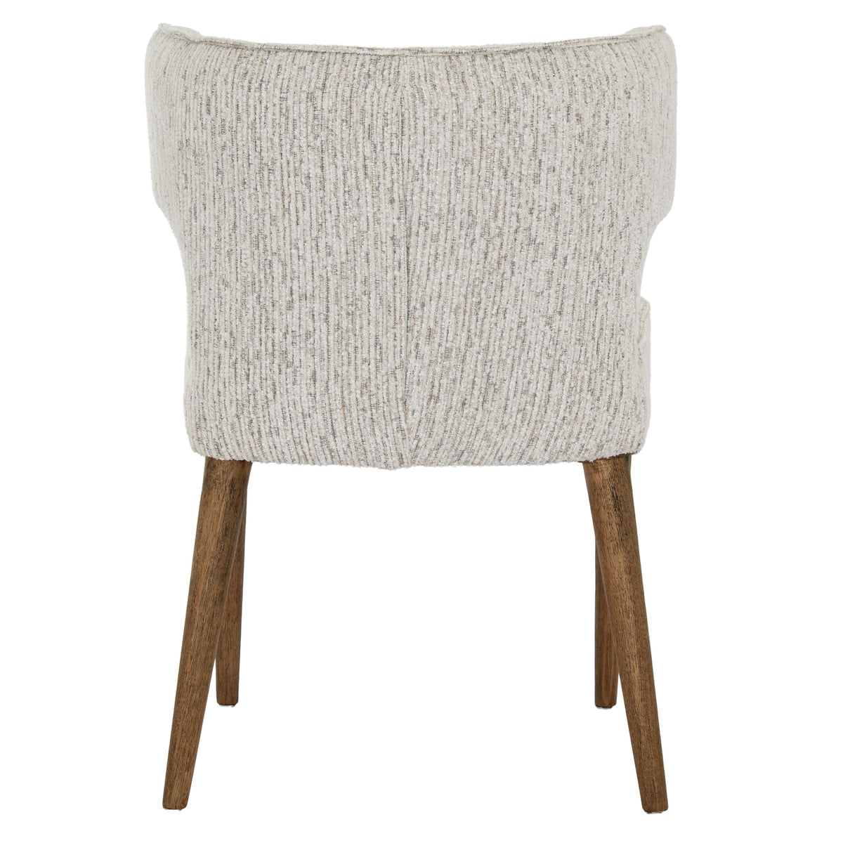 Rear view of the dining chair showing its broad curved upholstered back, raised vertical texture and splayed warm-brown wood-look legs.