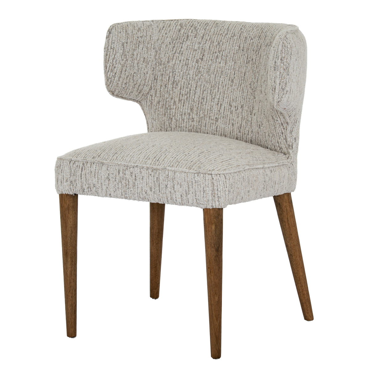 Three-quarter front view of a mist-grey dining chair with a curved winged back, piped seat and four tapered warm-brown wood-look legs.