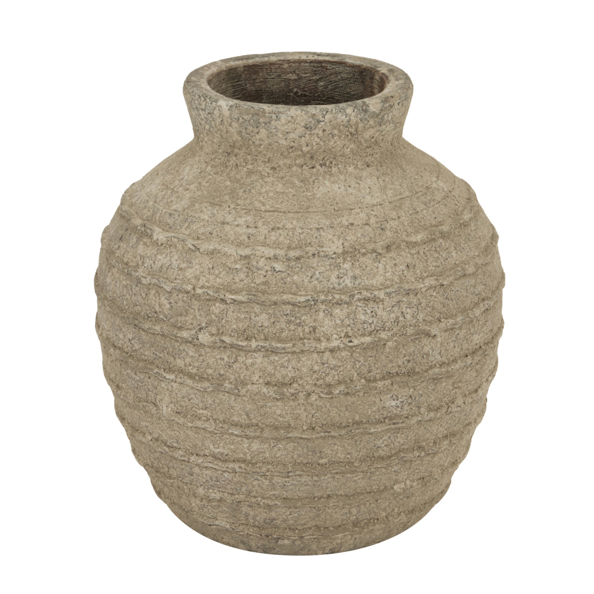 Rounded grey-beige vase seen from above, showing its thick rim, dark interior and uneven horizontal bands.