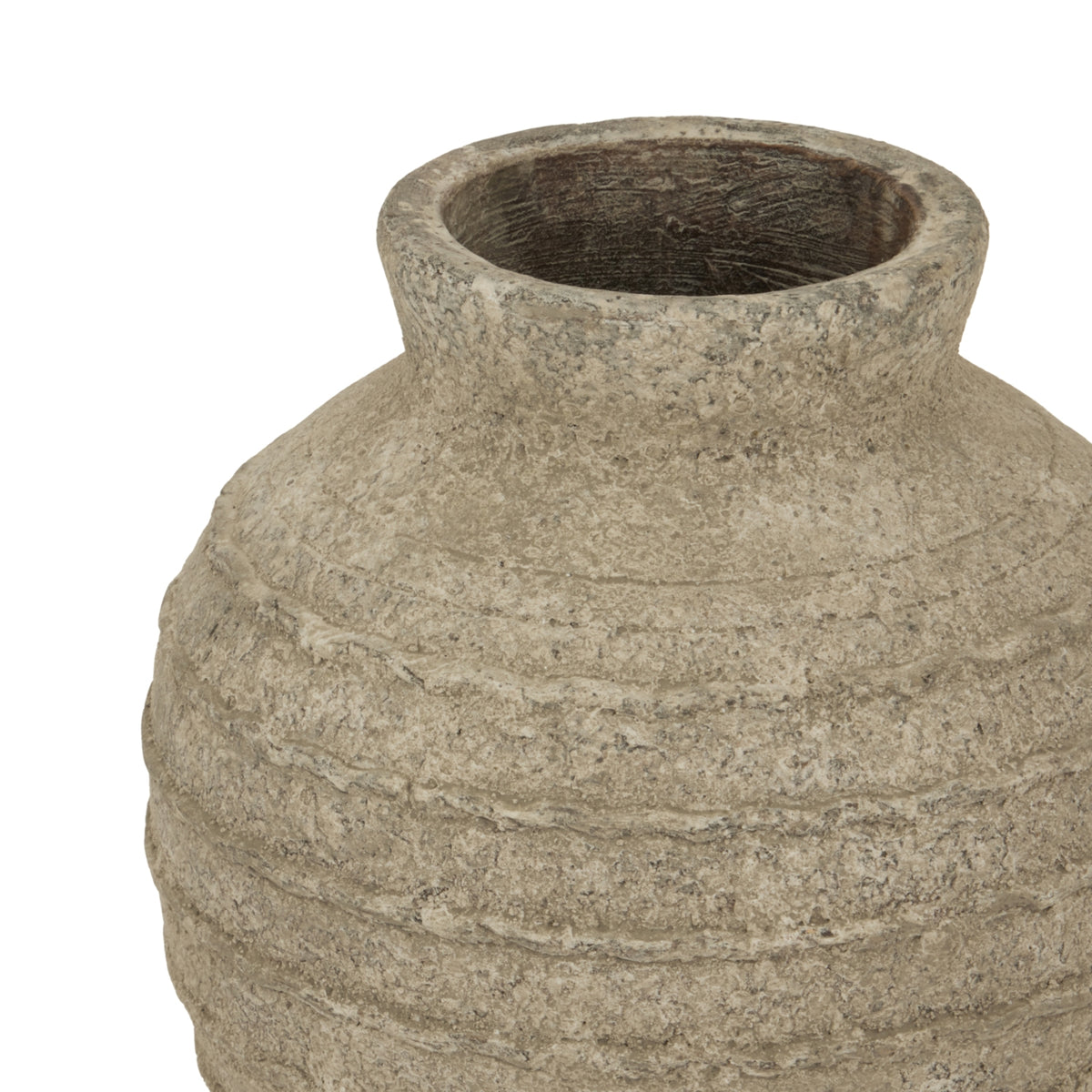 Close-up of the vase opening and shoulders, showing the coarse pitted finish and raised ridges.