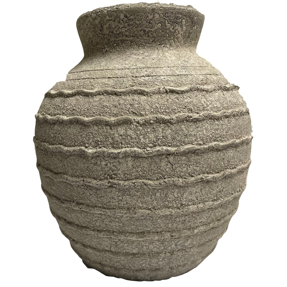 Rounded grey-beige vase with a short neck, thick lip and uneven horizontal bands against a white background.