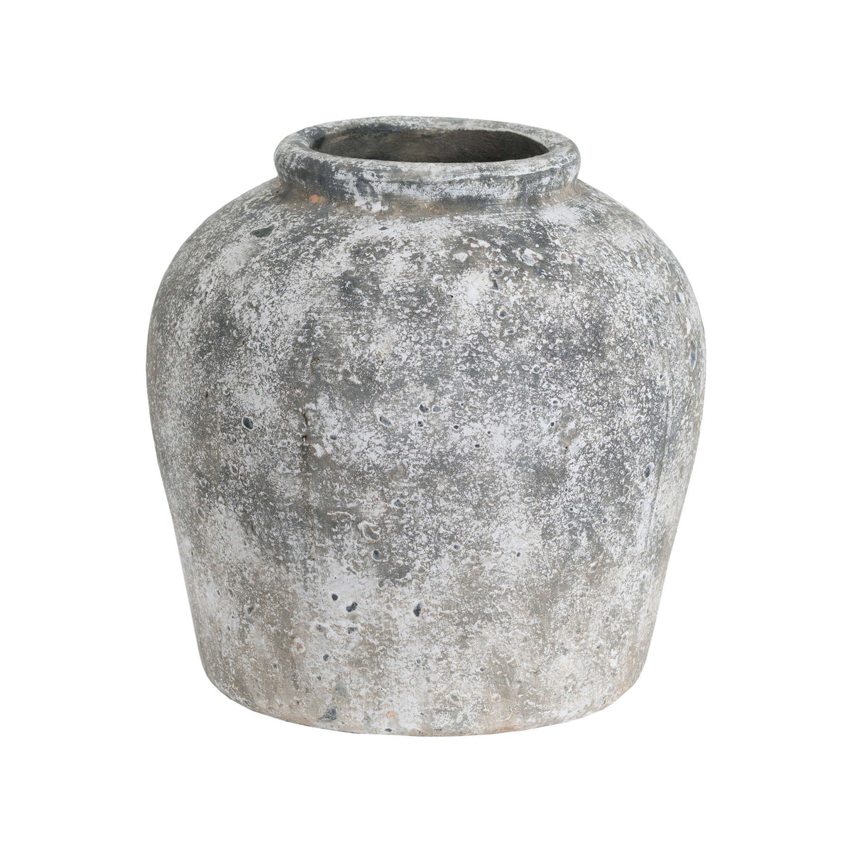 Pitted Round Vase on a white background, showing rounded shoulders, a thick rim and mottled grey-white surface.