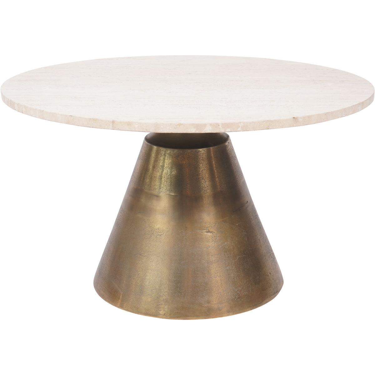 Large Plinth coffee table with a pale circular travertine top and broad tapered pedestal in an antique-brass finish.