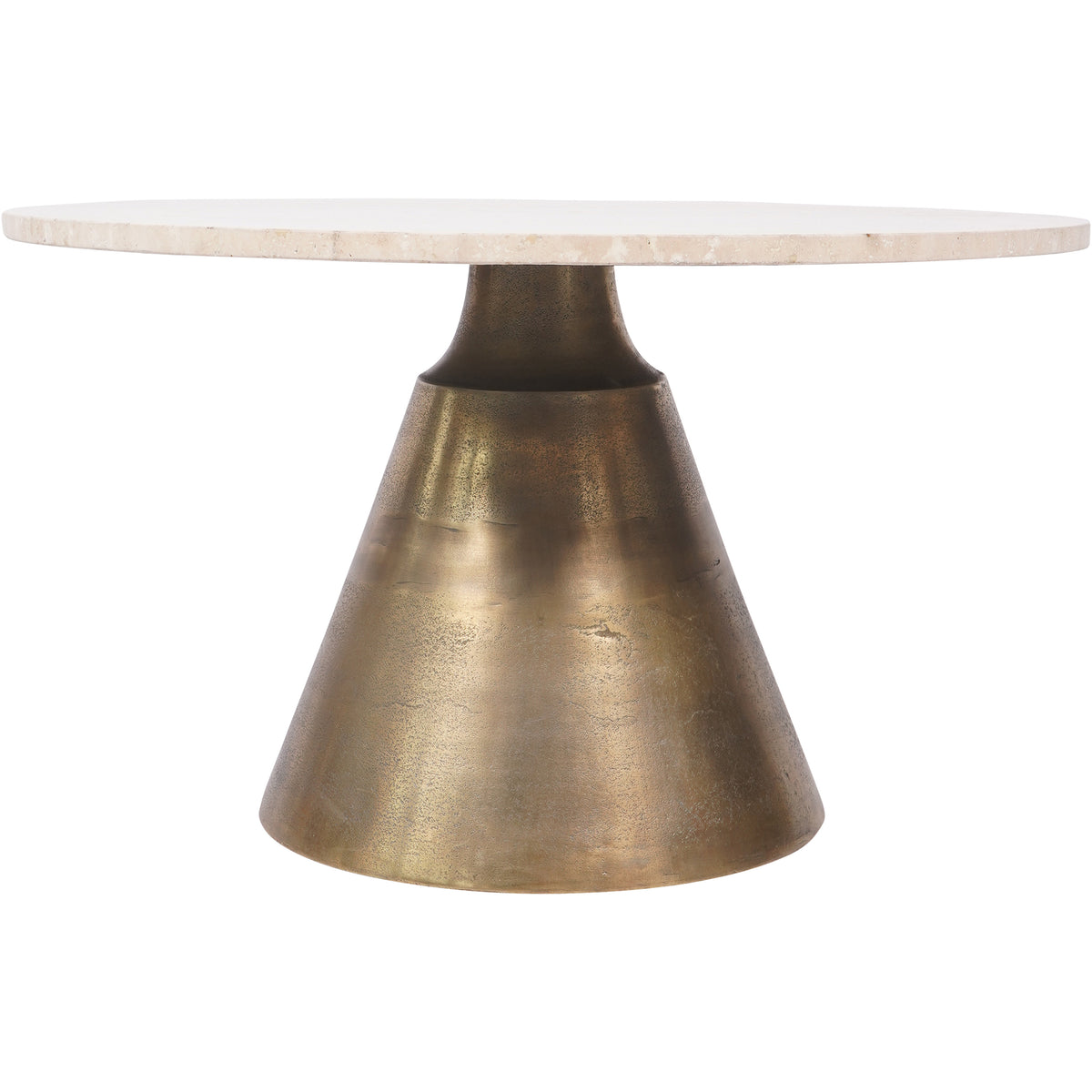 Front view showing the slim tabletop edge and the pedestal's narrow neck widening towards a broad foot.