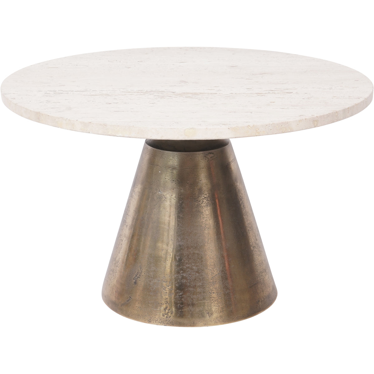 Angled view of the coffee table showing its pale circular travertine top and broad antique brass effect pedestal.