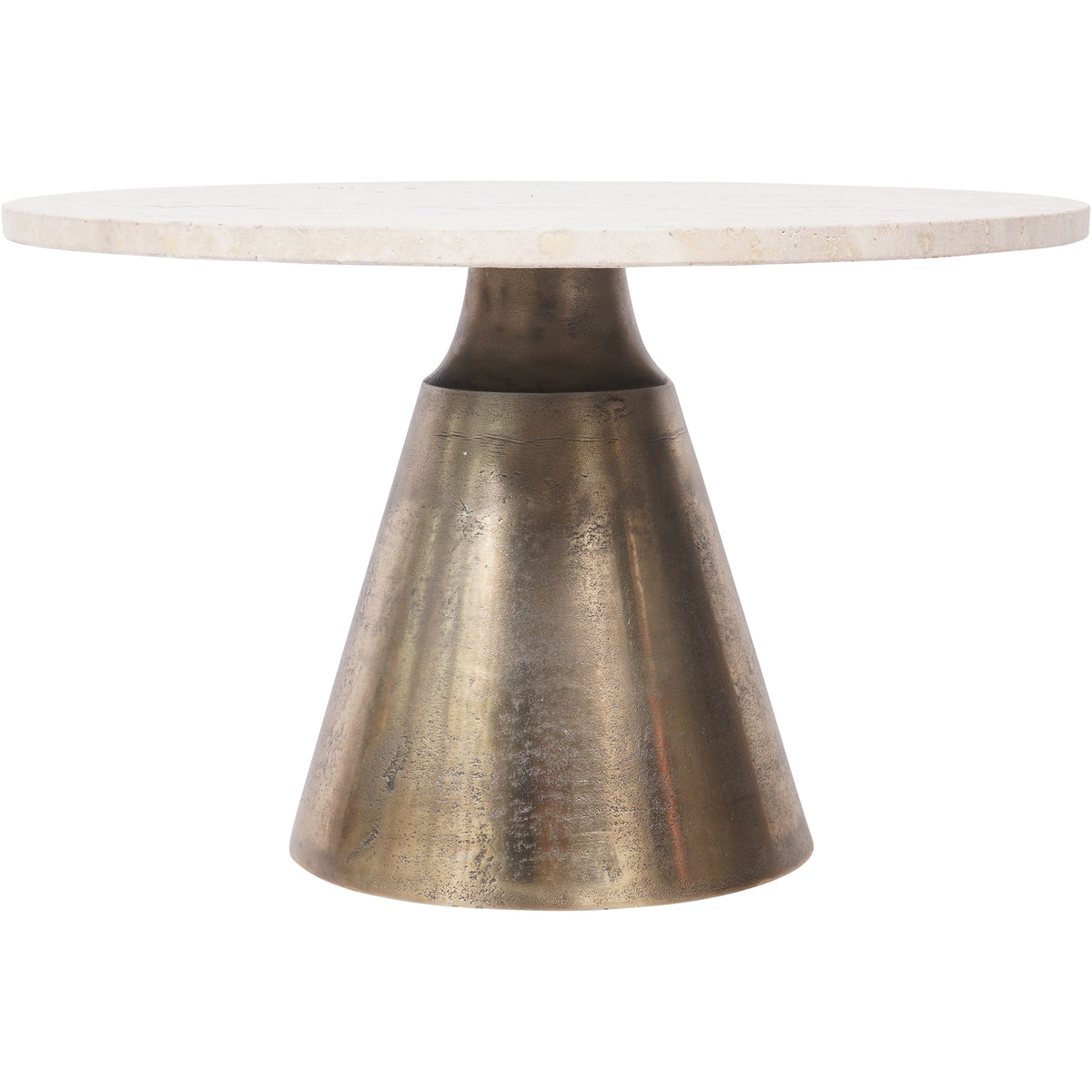 Low front view showing the slim tabletop edge, recessed neck and conical pedestal widening towards the floor.