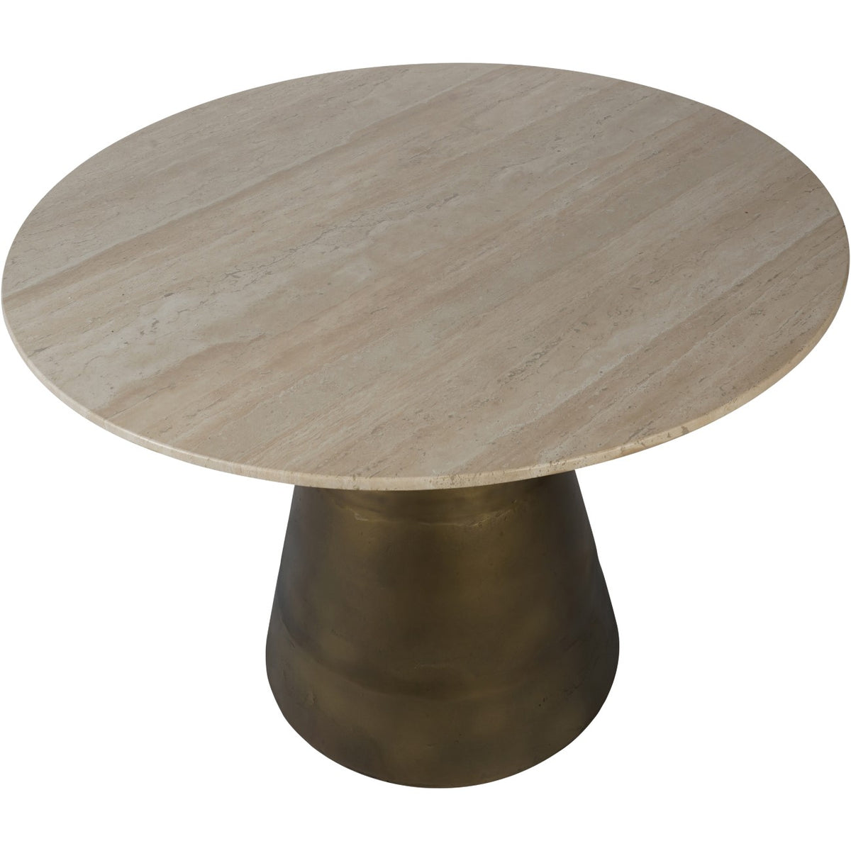 Elevated view of the round dining table showing cream and beige bands across the travertine top.
