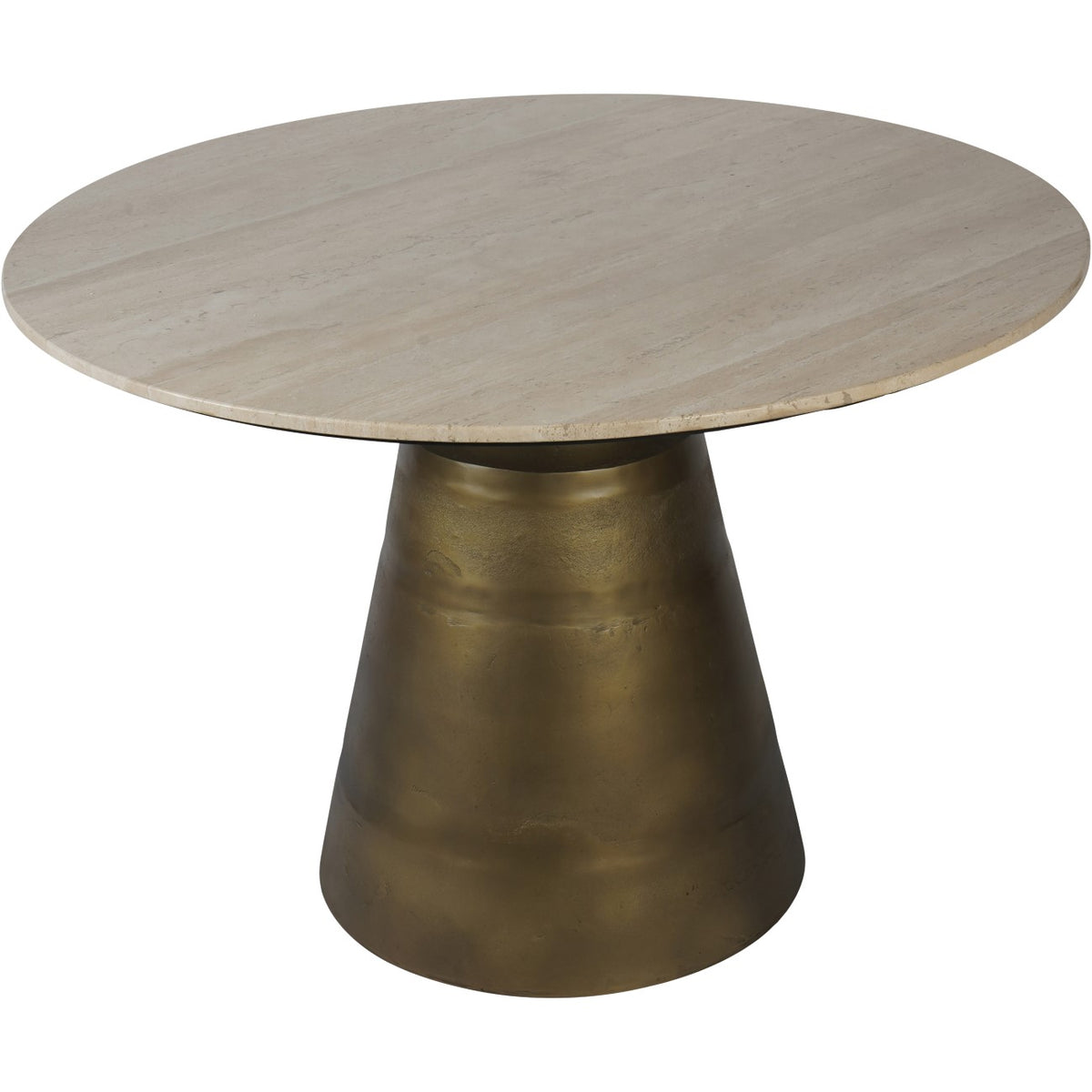 Plinth dining table with a pale round travertine top and antique brass finish pedestal widening towards the foot.