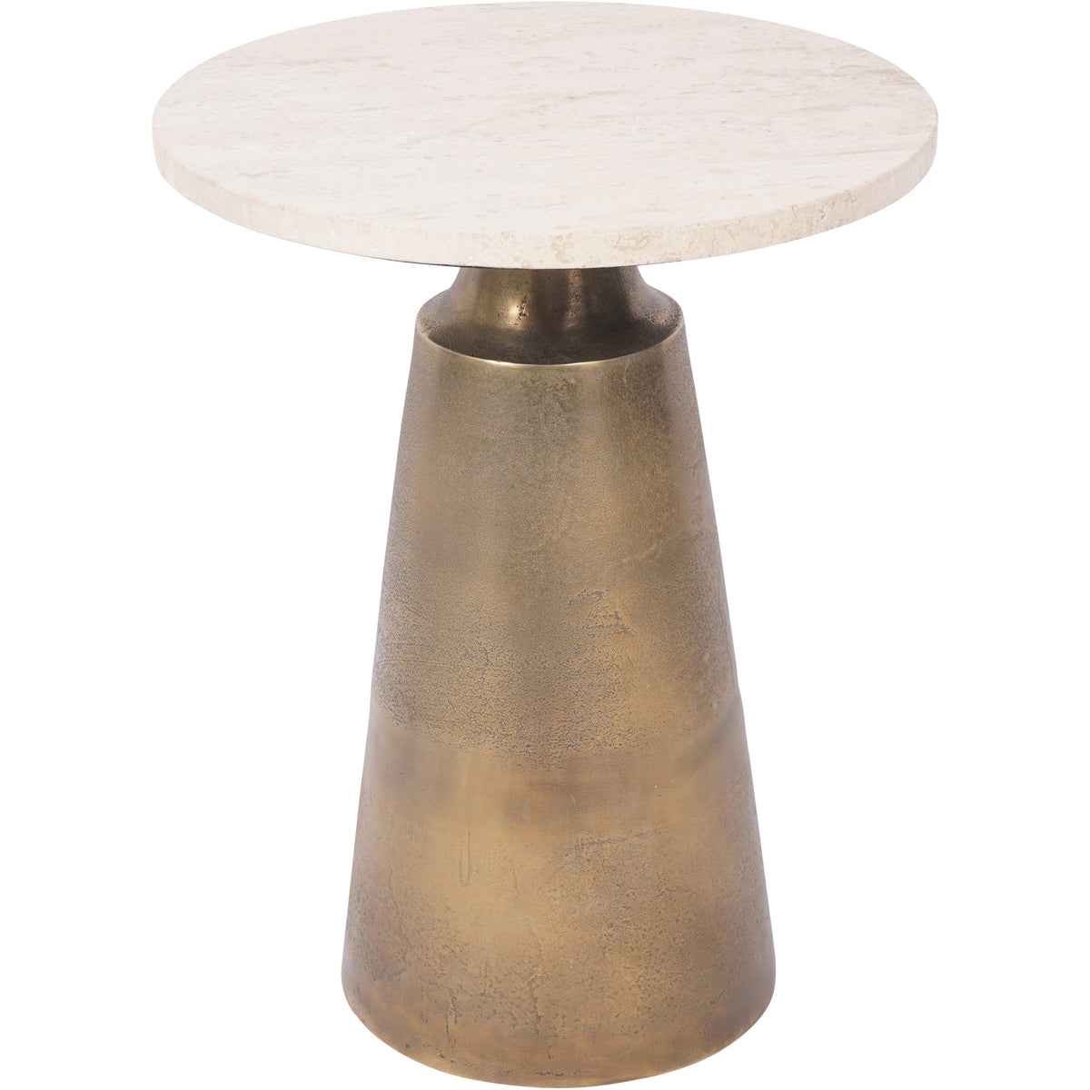 Plinth Side Table in an angled view, showing a pale circular travertine top and tapered pedestal in an antique brass finish.