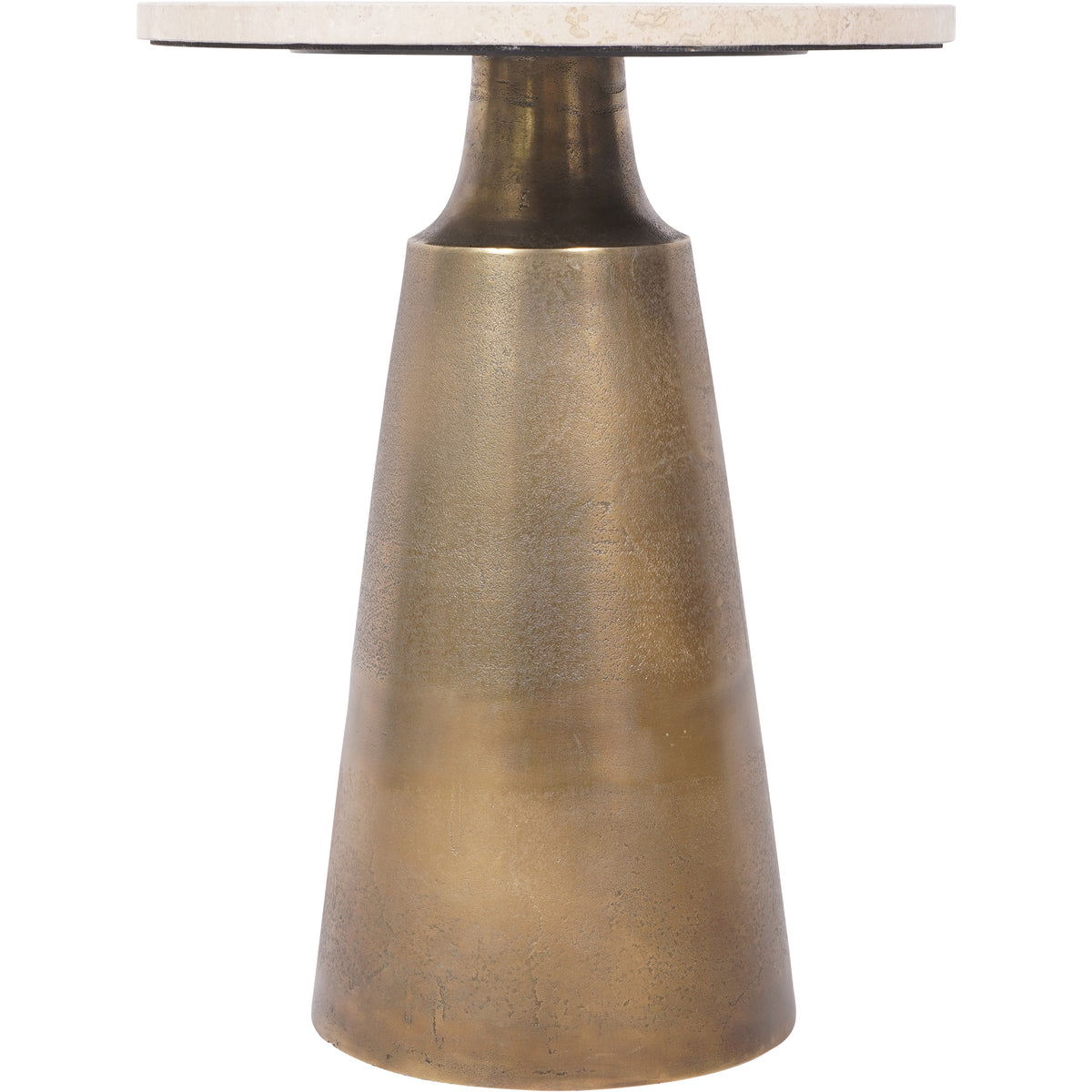 Straight-on view of the side table, showing the shallow stone top, dark flared neck and pedestal broadening towards the floor.