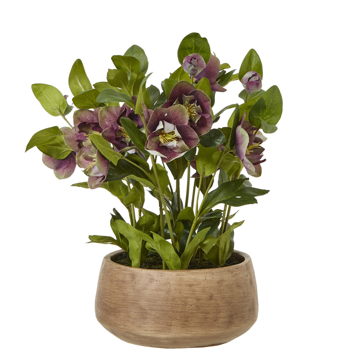 Full view of the artificial plum-purple flower arrangement with green foliage in a low rounded taupe pot.
