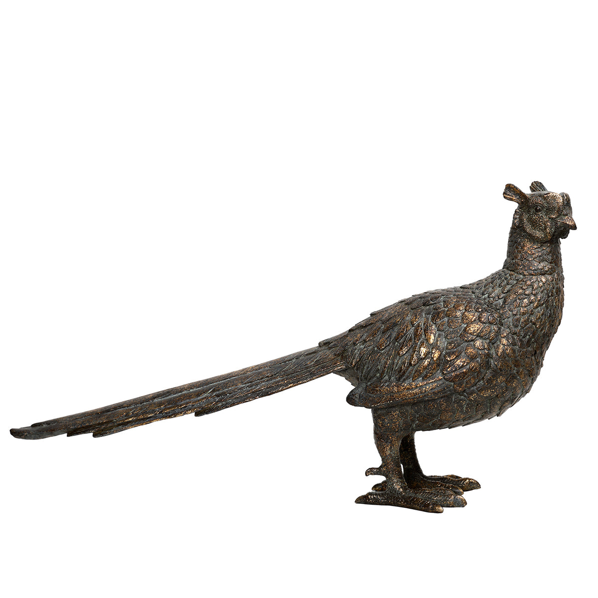Full view of the pheasant sculpture facing right, with its long tail extending left and gold highlights across textured feathers.