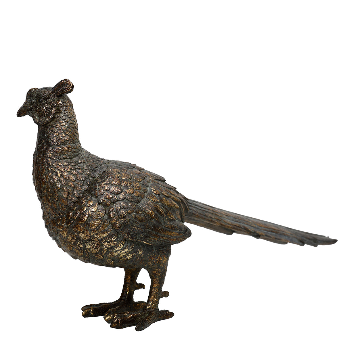 Three-quarter view of the pheasant sculpture facing left, showing its rounded breast, layered wing feathers and standing feet.