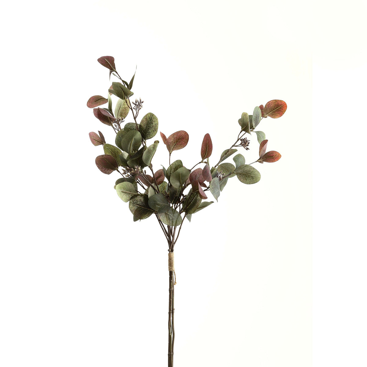 Artificial foliage bouquet against a white background, with branching brown stems, green and burgundy leaves, small pod-like clusters and a tied base.