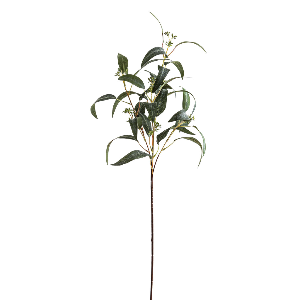 Upright Podleaf artificial foliage spray against white, with a long brown stem, branching dark green leaves and small green pod-like clusters.
