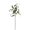Upright Podleaf artificial foliage spray against white, with a long brown stem, branching dark green leaves and small green pod-like clusters.