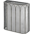 Pointed Arcade Fire Screen viewed at an angle, showing its curved sides, diamond mesh and arched top handle.