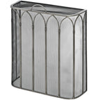 Pointed Arcade Fire Screen viewed at an angle, showing its curved sides, diamond mesh and arched top handle.