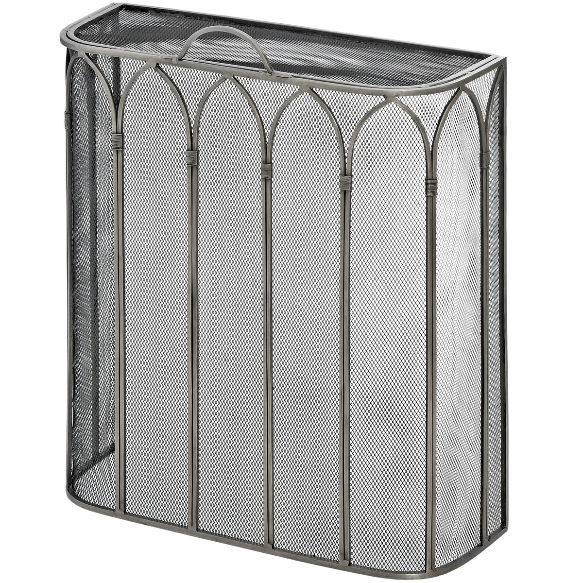 Pointed Arcade Fire Screen viewed at an angle, showing its curved sides, diamond mesh and arched top handle.