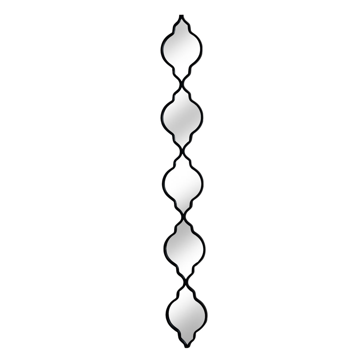 Full front view of a tall black wall mirror with five linked mirrored sections, each with curved sides and pointed ends.