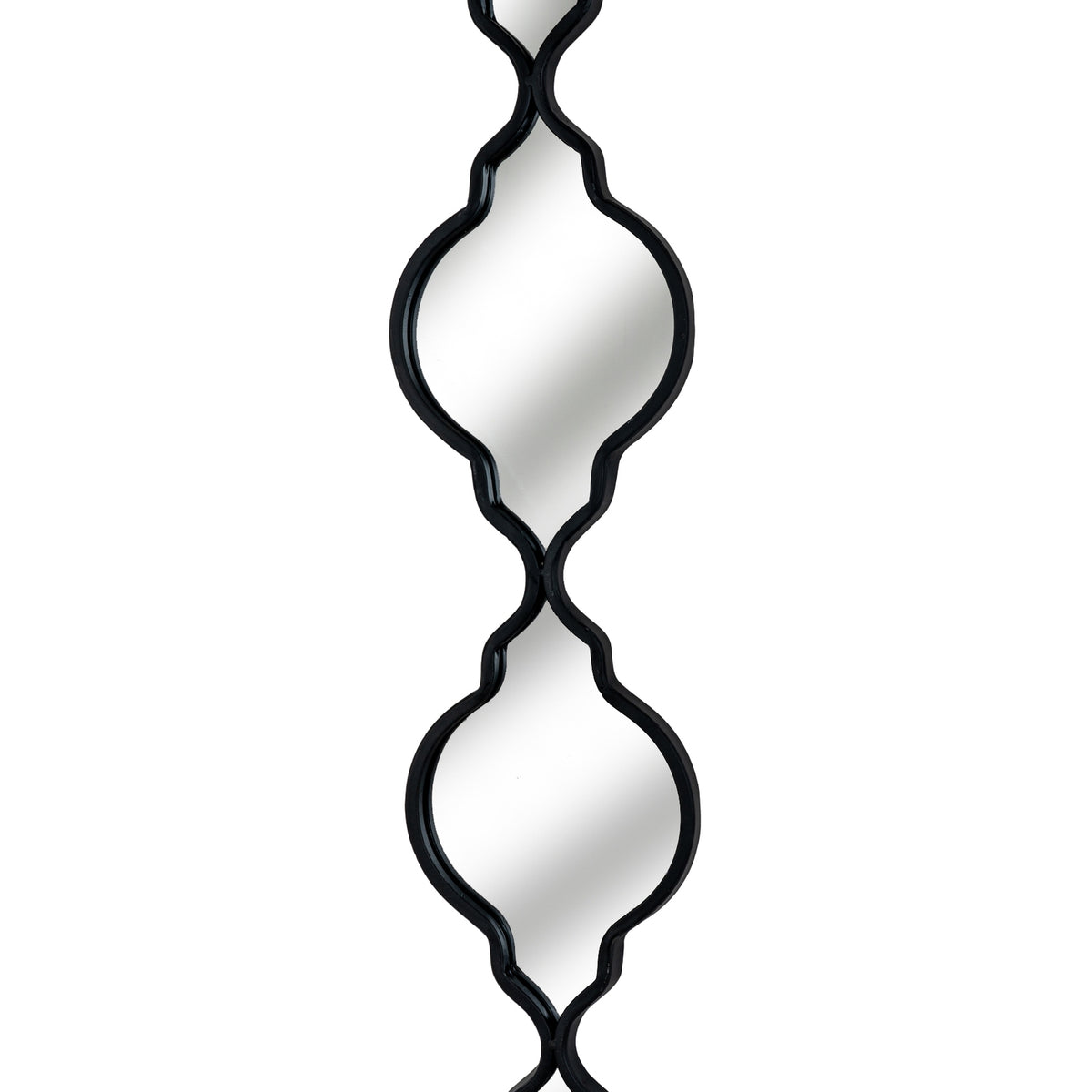 Front close-up of two ornamental mirrored sections with black borders and narrow curved joins.