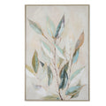 Front view of pale framed portrait artwork with long pointed leaves in cream, blue-green, olive and grey-purple on slender dark branches.