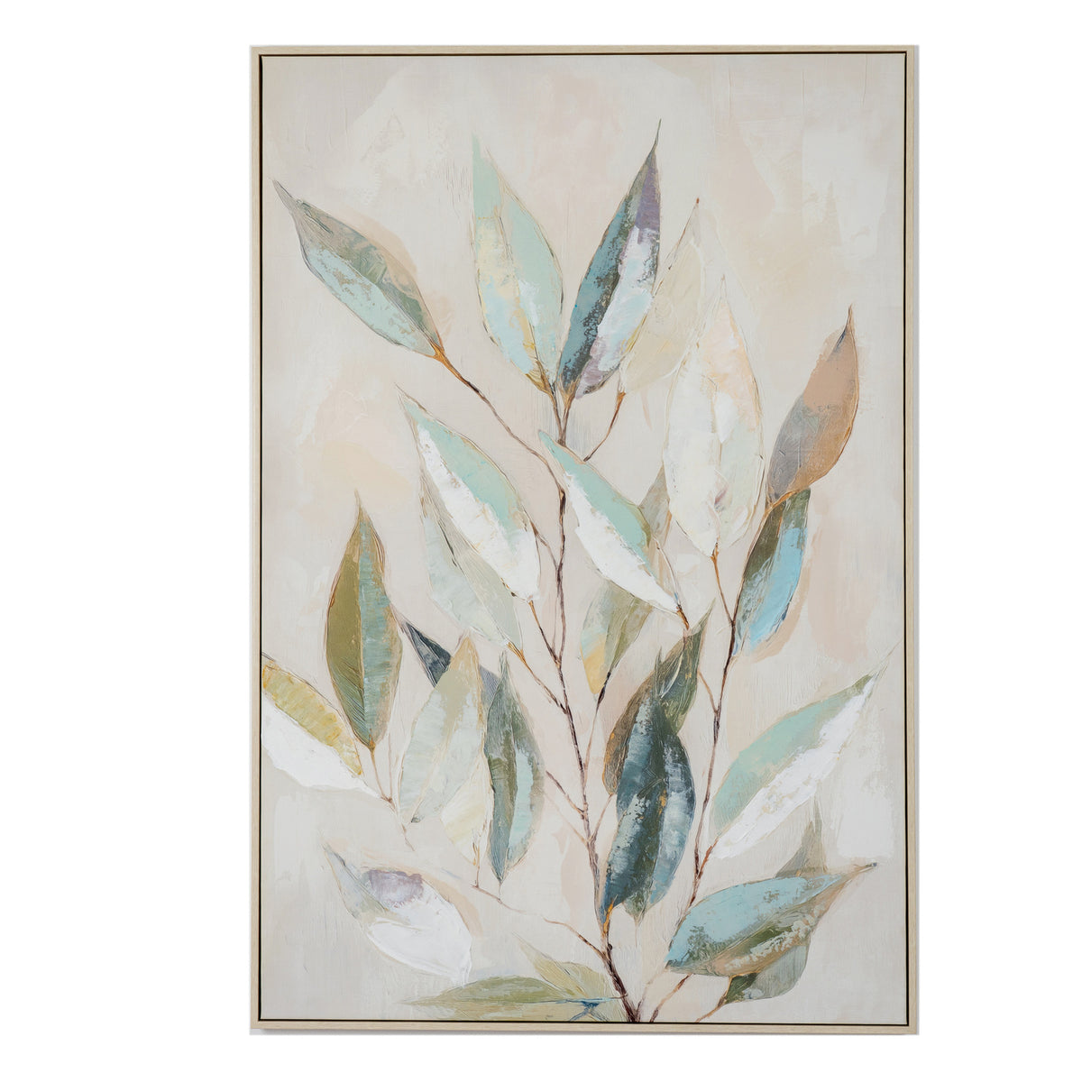 Front view of pale framed portrait artwork with long pointed leaves in cream, blue-green, olive and grey-purple on slender dark branches.
