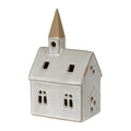 White church decoration with a tan pointed spire, two arched windows and a paned doorway on the right-hand gable.