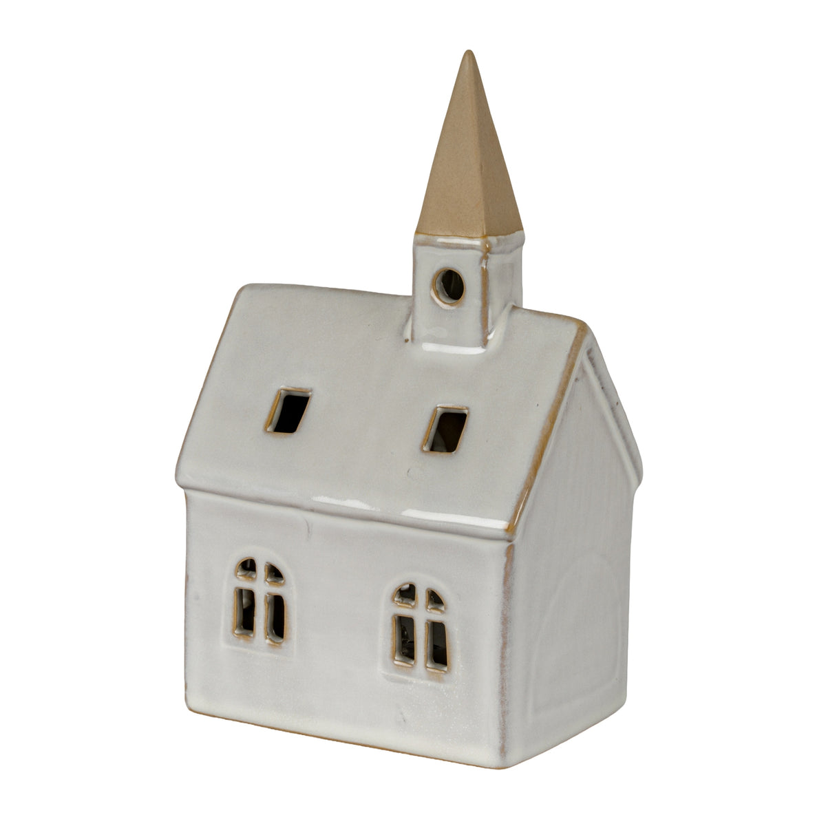 Angled view of the glossy white church decoration with a plain gable on the right and a circular opening beneath the pointed tan spire.
