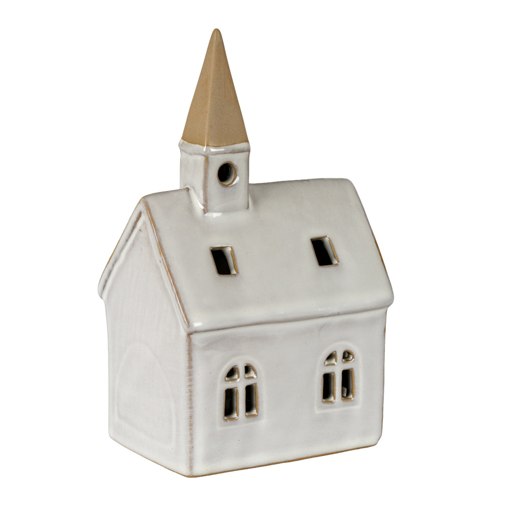 Church decoration viewed with a plain gable on the left, showing two arched windows, rectangular roof openings and a tan spire.