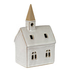 Church decoration viewed with a plain gable on the left, showing two arched windows, rectangular roof openings and a tan spire.