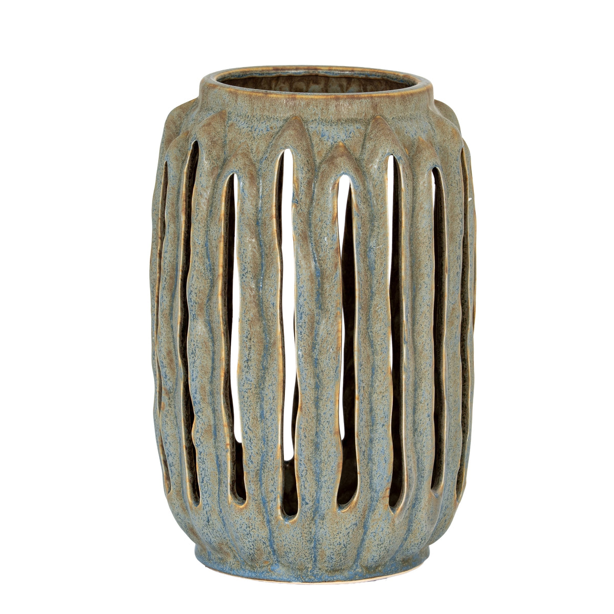 Full view of the rounded candle lantern on white, showing its open circular top, long pointed-arch cut-outs and mottled blue-grey and brown surface.
