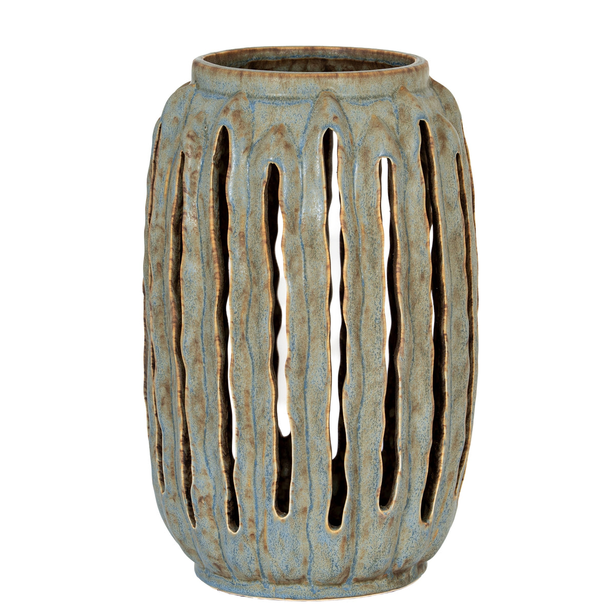 Full view of the tall oval candle lantern with an open top, pointed-arch cut-outs and wavy ribs across a mottled blue-grey and brown surface.